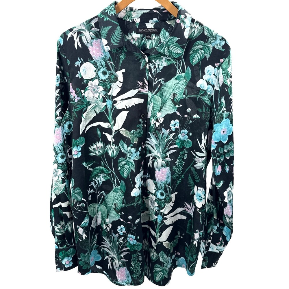 Banana Republic International Exclusive Bird Botanical Blouse Large Black Floral
